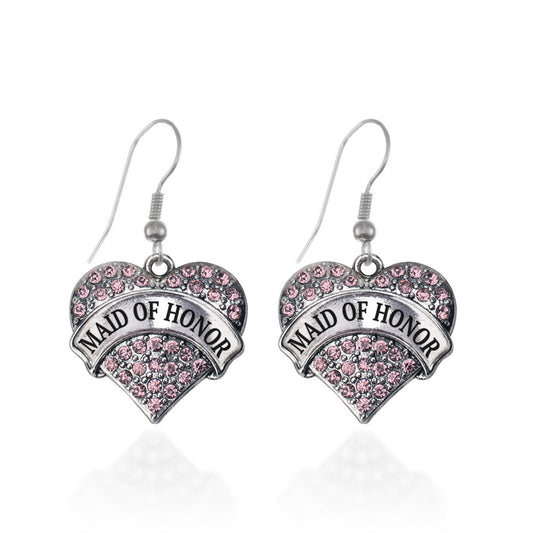 Silver Pink Maid of Honor Pink Pave Heart Charm Dangle Earrings