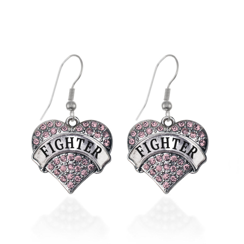 Silver Pink Fighter Pink Pave Heart Charm Dangle Earrings