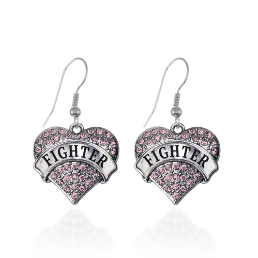 Silver Pink Fighter Pink Pave Heart Charm Dangle Earrings