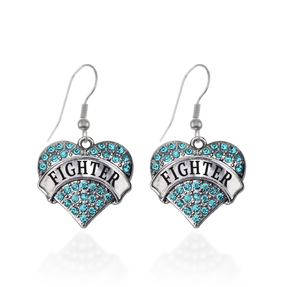 Silver Teal Fighter Aqua Pave Heart Charm Dangle Earrings