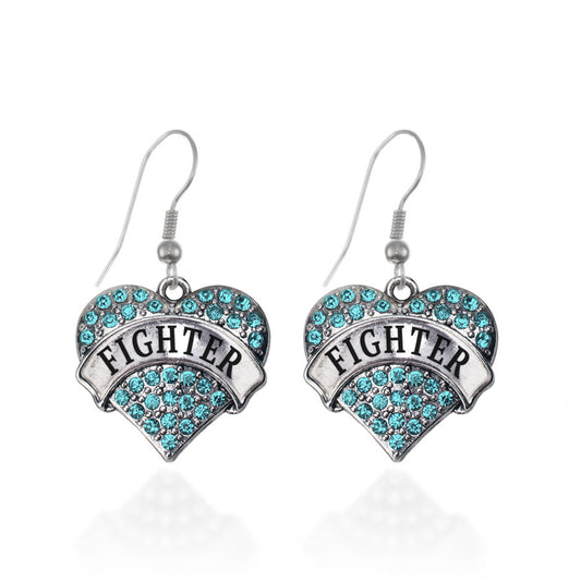 Silver Teal Fighter Aqua Pave Heart Charm Dangle Earrings