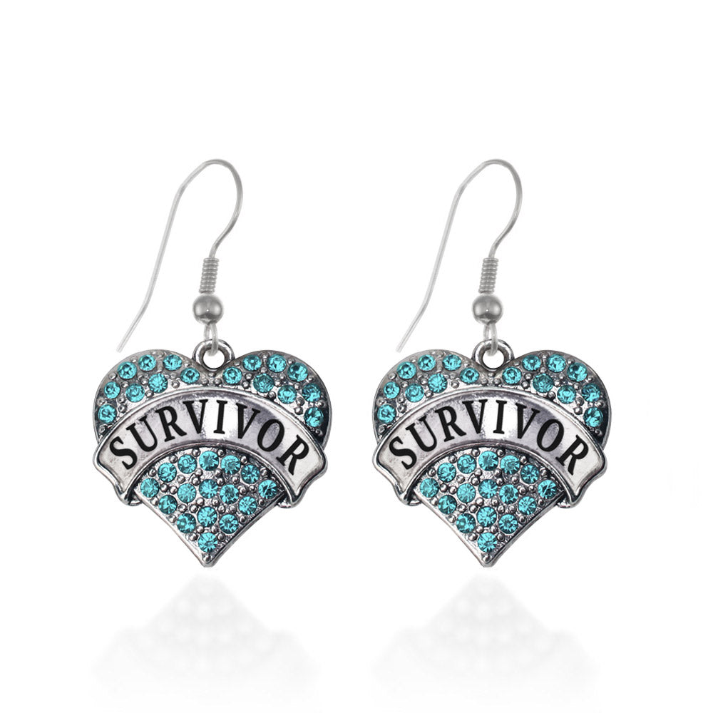 Silver Teal Survivor Aqua Pave Heart Charm Dangle Earrings
