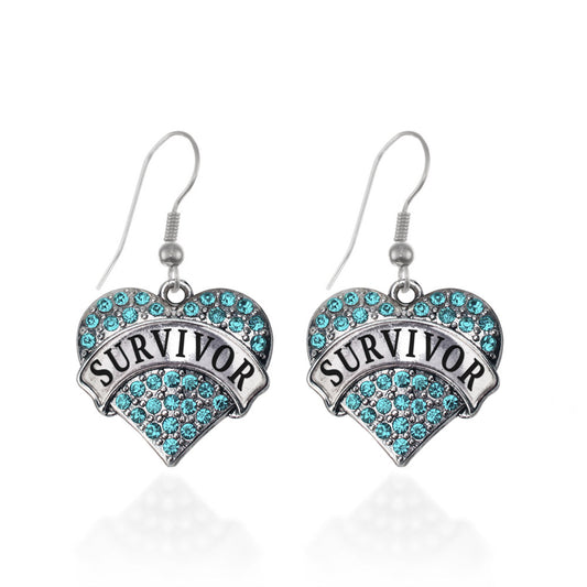 Silver Teal Survivor Aqua Pave Heart Charm Dangle Earrings