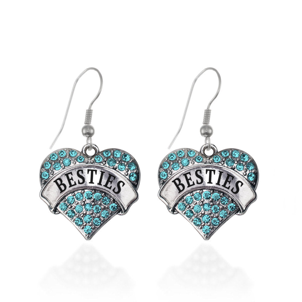 Silver Teal Besties Aqua Pave Heart Charm Dangle Earrings