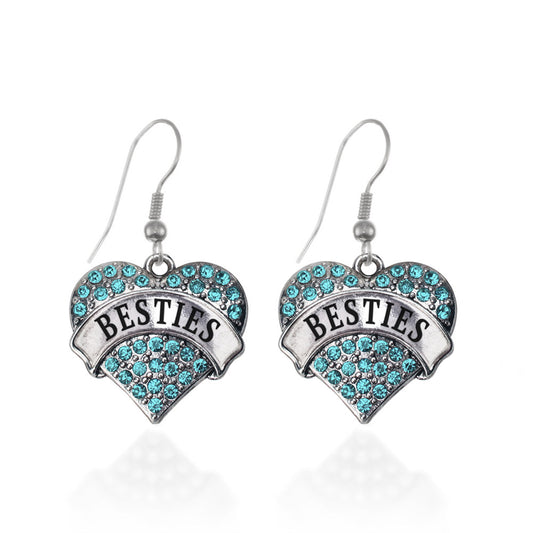 Silver Teal Besties Aqua Pave Heart Charm Dangle Earrings