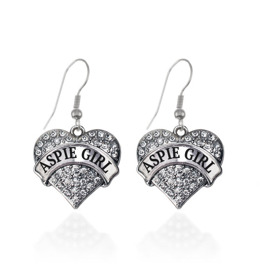 Silver Aspie Girl Pave Heart Charm Dangle Earrings