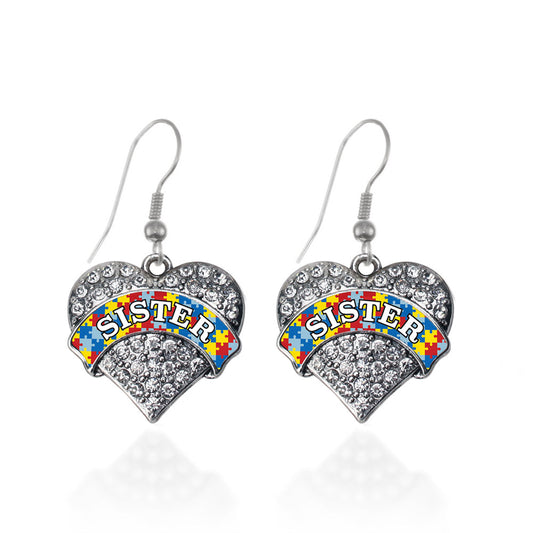 Silver Autism Sister Pave Heart Charm Dangle Earrings