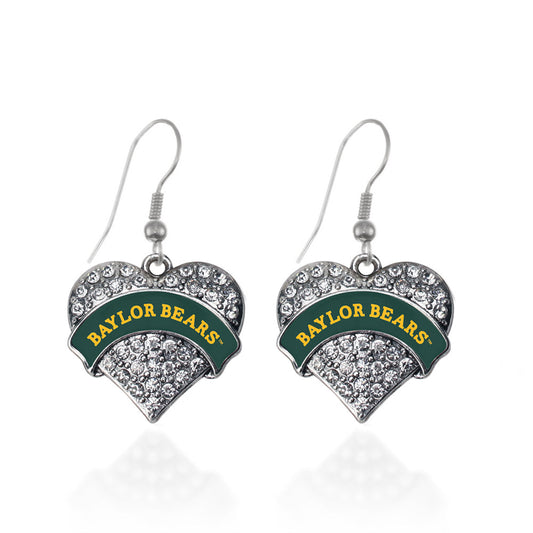 Silver Baylor Bears [NCAA] Pave Heart Charm Dangle Earrings