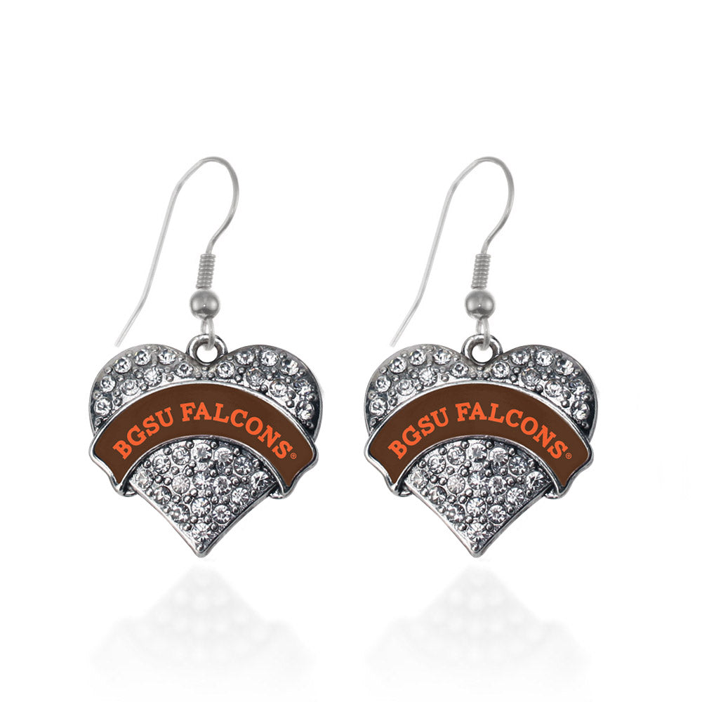 Silver BGSU Falcons [NCAA] Pave Heart Charm Dangle Earrings