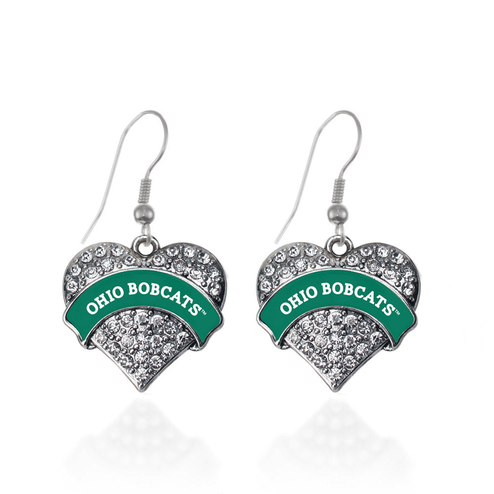 Silver Ohio University Bobcats [NCAA] Pave Heart Charm Dangle Earrings