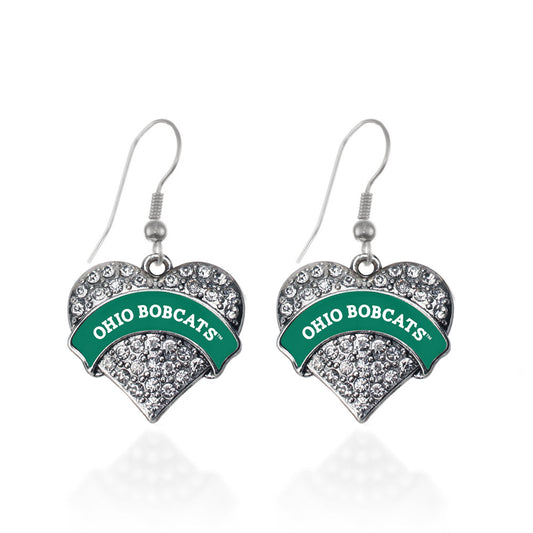 Silver Ohio University Bobcats [NCAA] Pave Heart Charm Dangle Earrings