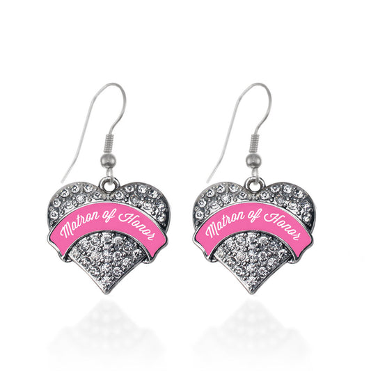 Silver Pink Matron Pave Heart Charm Dangle Earrings