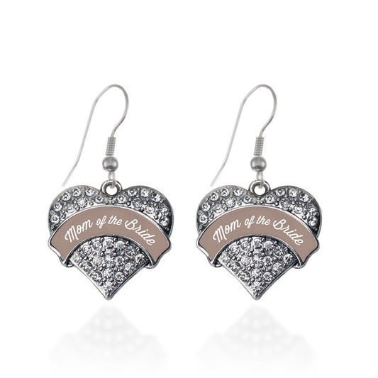 Silver Brown and White Mom of the Bride Pave Heart Charm Dangle Earrings