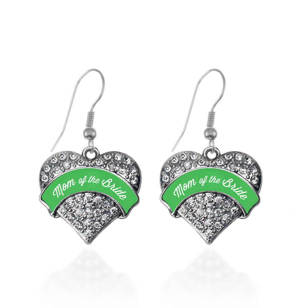 Silver Emerald Green Mom of the Bride Pave Heart Charm Dangle Earrings