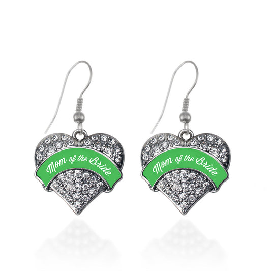 Silver Emerald Green Mom of the Bride Pave Heart Charm Dangle Earrings