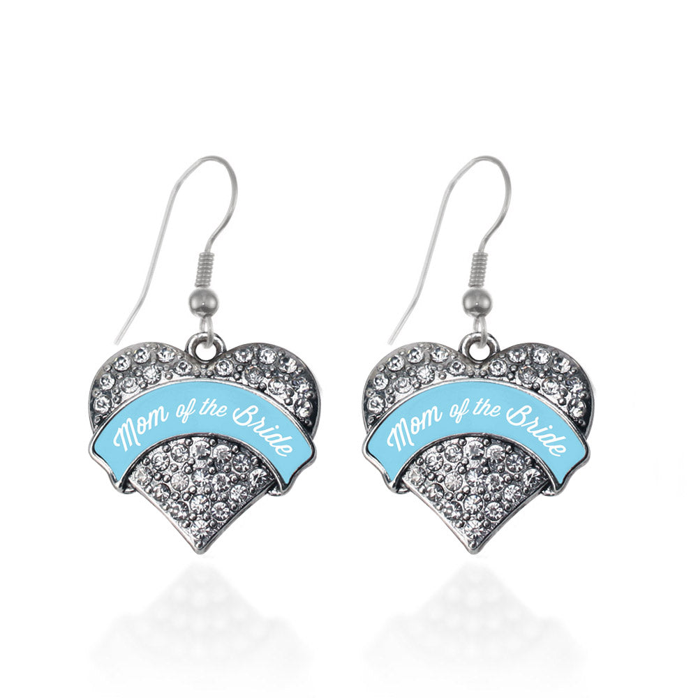 Silver Light Blue Mom of the Bride Pave Heart Charm Dangle Earrings