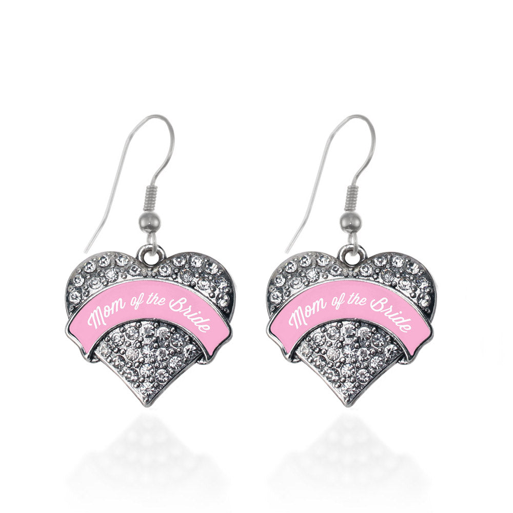 Silver Light Pink Mom of the Bride Pave Heart Charm Dangle Earrings