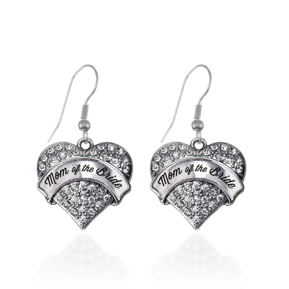 Silver Mom of the Bride Pave Heart Charm Dangle Earrings