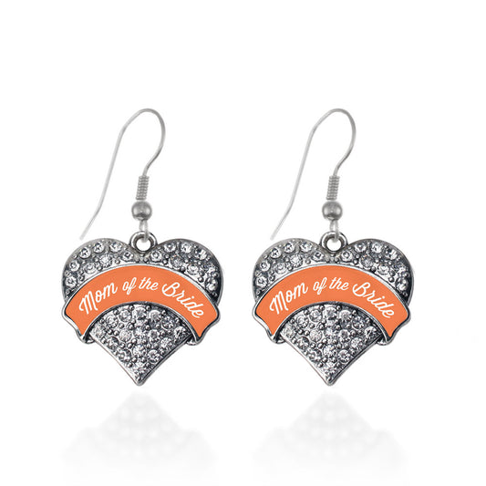 Silver Orange Mom of the Bride Pave Heart Charm Dangle Earrings