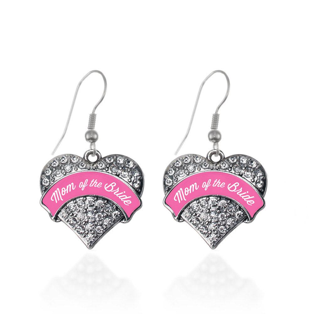 Silver Pink Mom of the Bride Pave Heart Charm Dangle Earrings