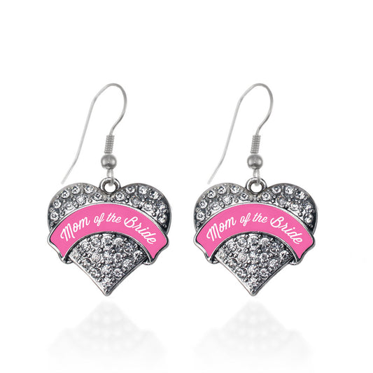 Silver Pink Mom of the Bride Pave Heart Charm Dangle Earrings