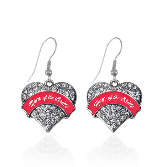Silver Red Mom of the Bride Pave Heart Charm Dangle Earrings