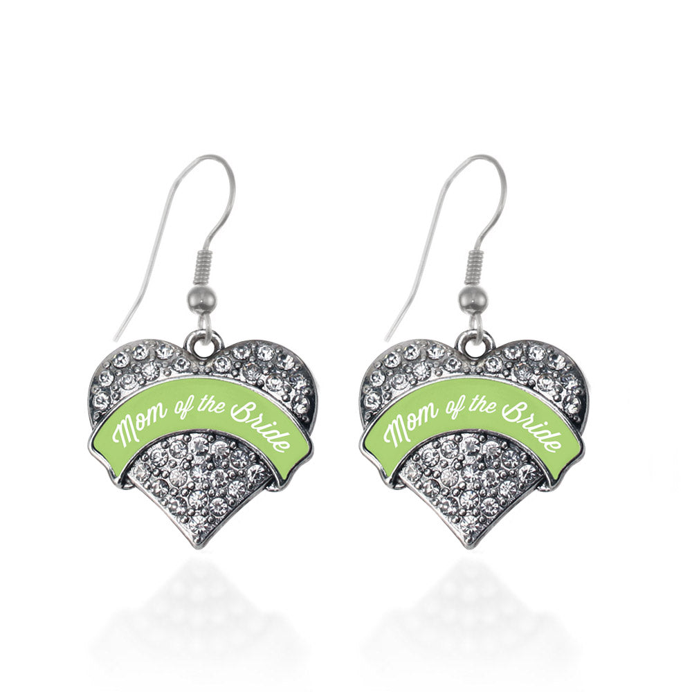 Silver Sage Green Mom of the Bride Pave Heart Charm Dangle Earrings
