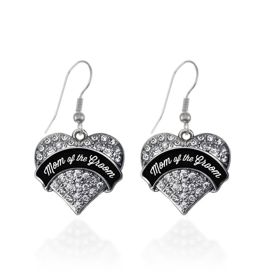 Silver Black and White Mom of the Groom Pave Heart Charm Dangle Earrings