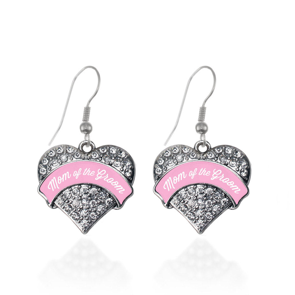 Silver Light Pink Mom of the Groom Pave Heart Charm Dangle Earrings