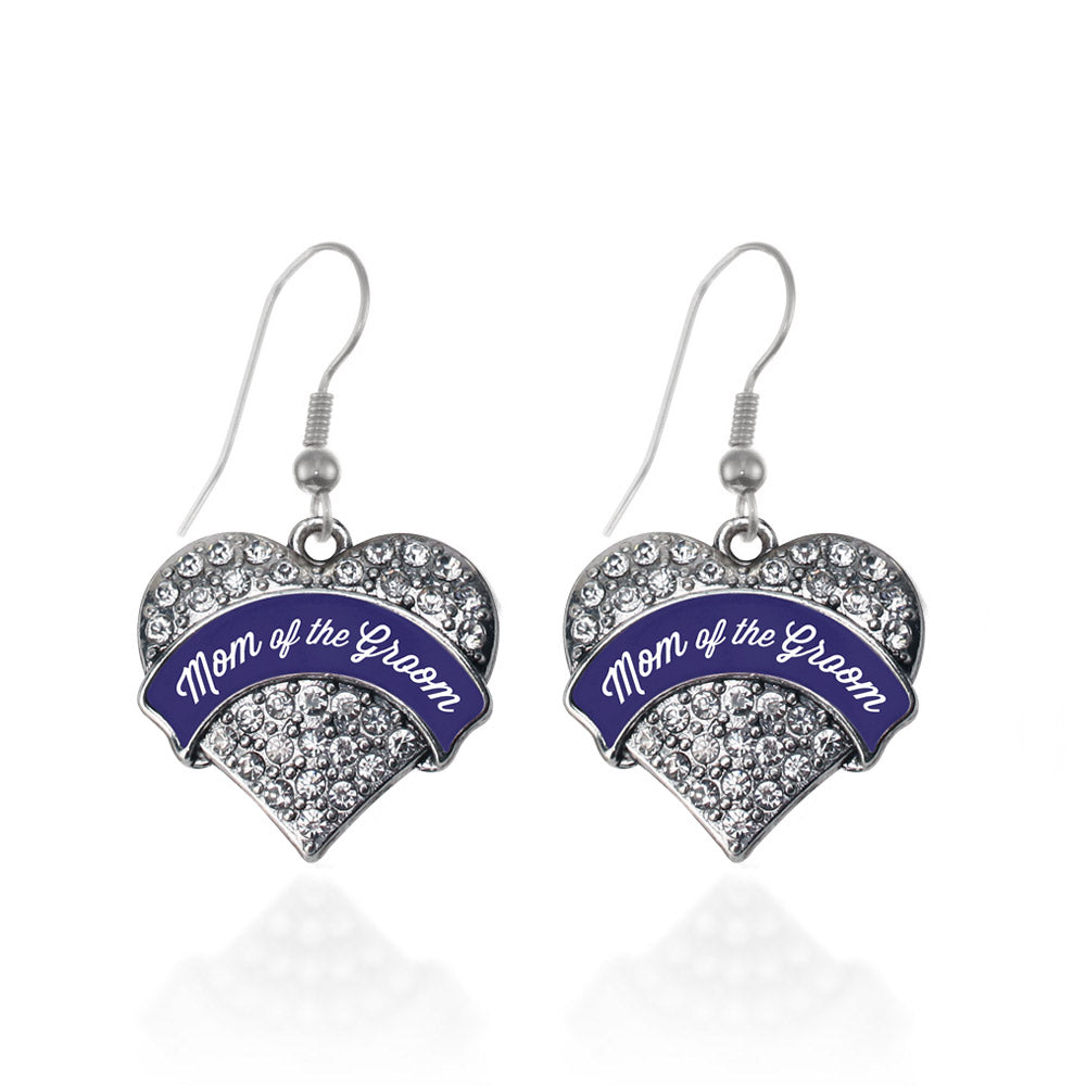 Silver Navy Blue Mom of the Groom Pave Heart Charm Dangle Earrings