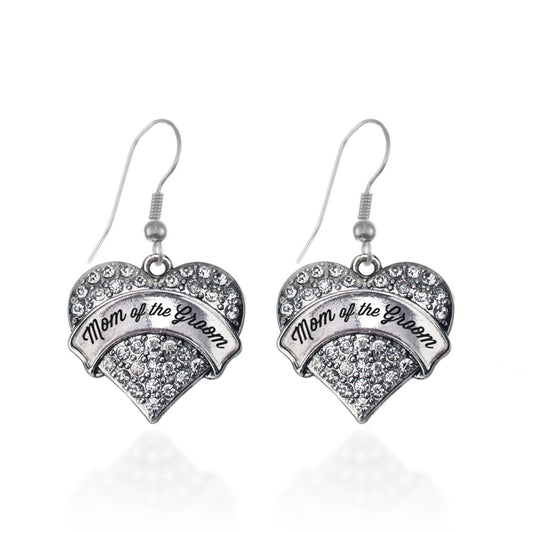 Silver Mom of the Groom Pave Heart Charm Dangle Earrings