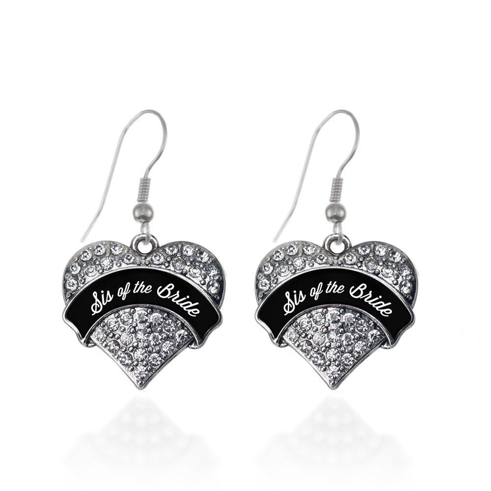 Silver Black and White Sis of the Bride Pave Heart Charm Dangle Earrings
