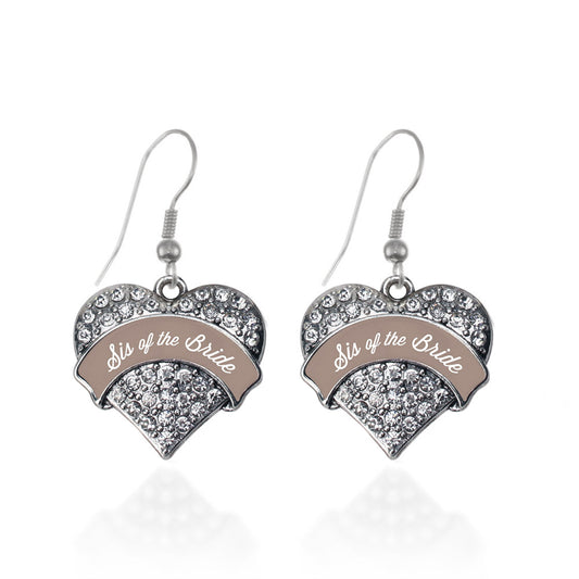 Silver Brown and White Sis of the Bride Pave Heart Charm Dangle Earrings