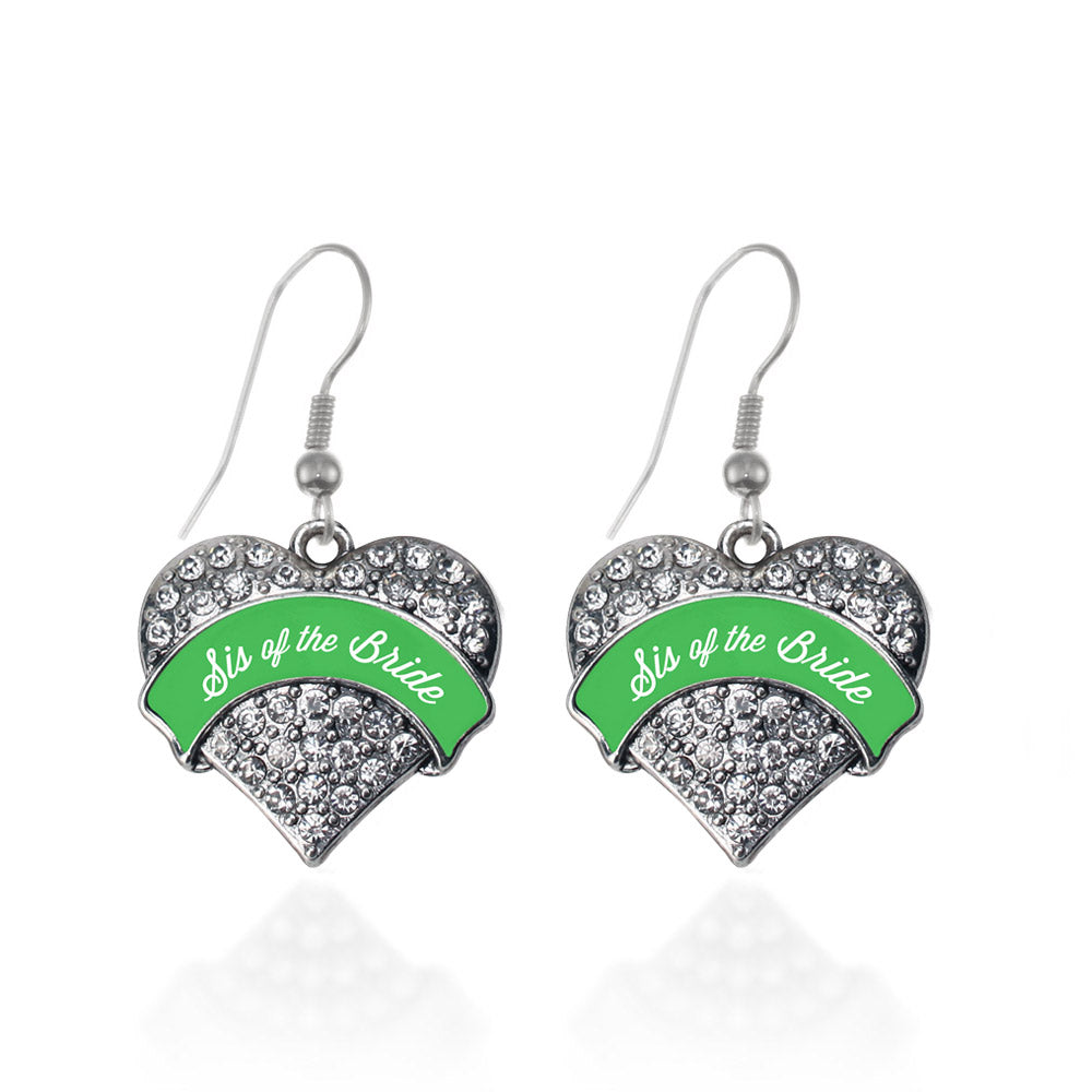 Silver Emerald Green Sis of the Bride Pave Heart Charm Dangle Earrings