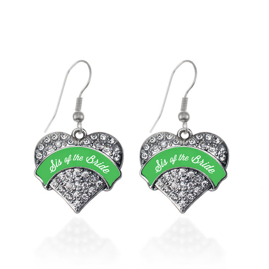 Silver Emerald Green Sis of the Bride Pave Heart Charm Dangle Earrings