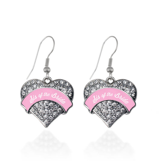 Silver Light Pink Sis of the Bride Pave Heart Charm Dangle Earrings