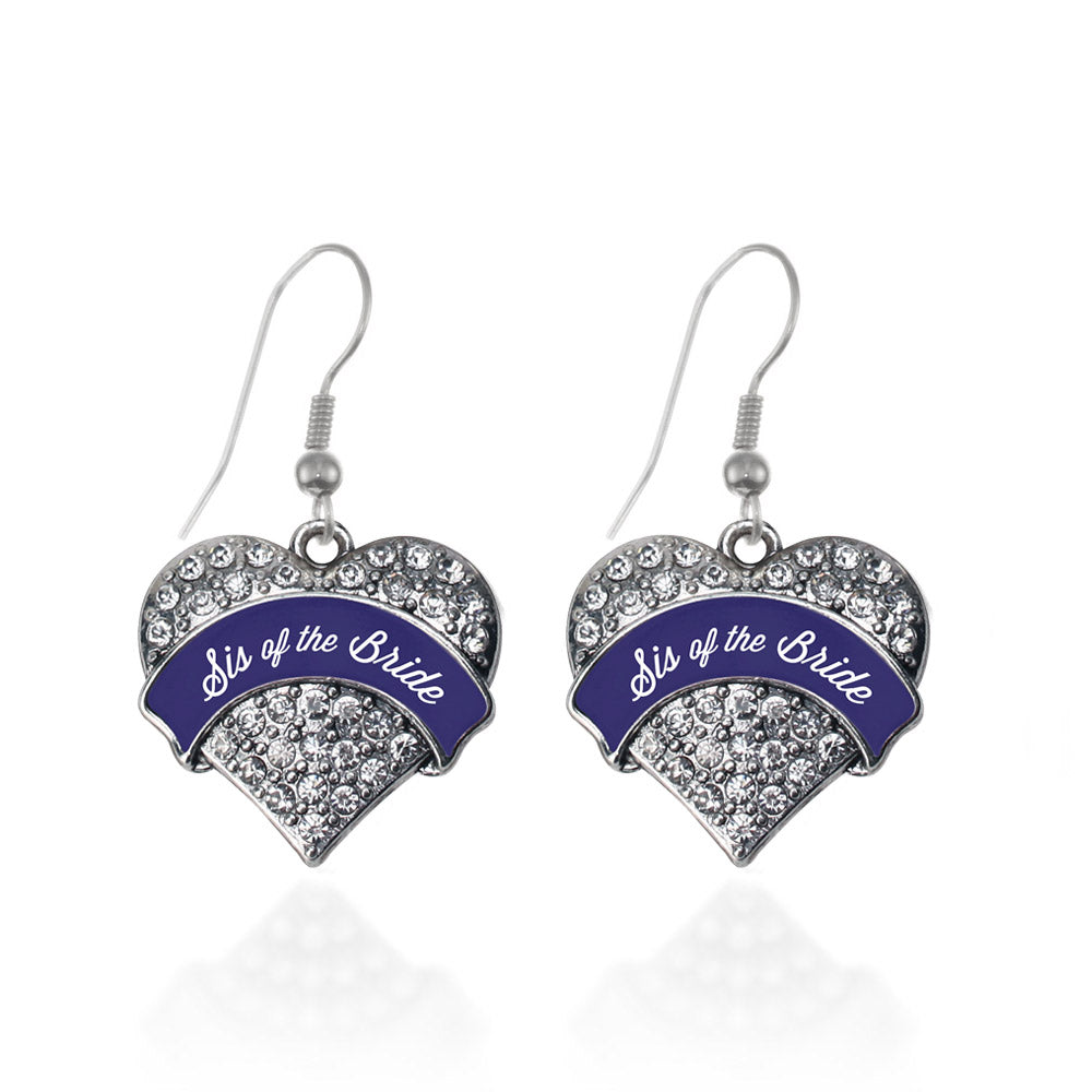 Silver Navy Blue Sis of the Bride Pave Heart Charm Dangle Earrings