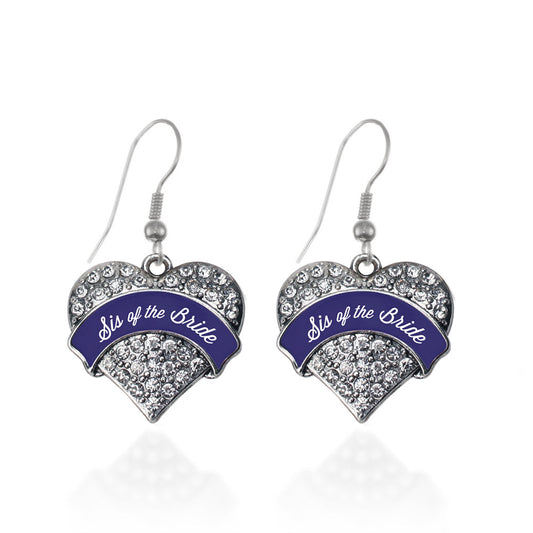 Silver Navy Blue Sis of the Bride Pave Heart Charm Dangle Earrings