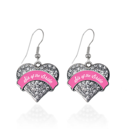Silver Pink Sis of the Bride Pave Heart Charm Dangle Earrings