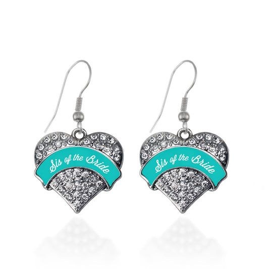 Silver Teal Sis of the Bride Pave Heart Charm Dangle Earrings