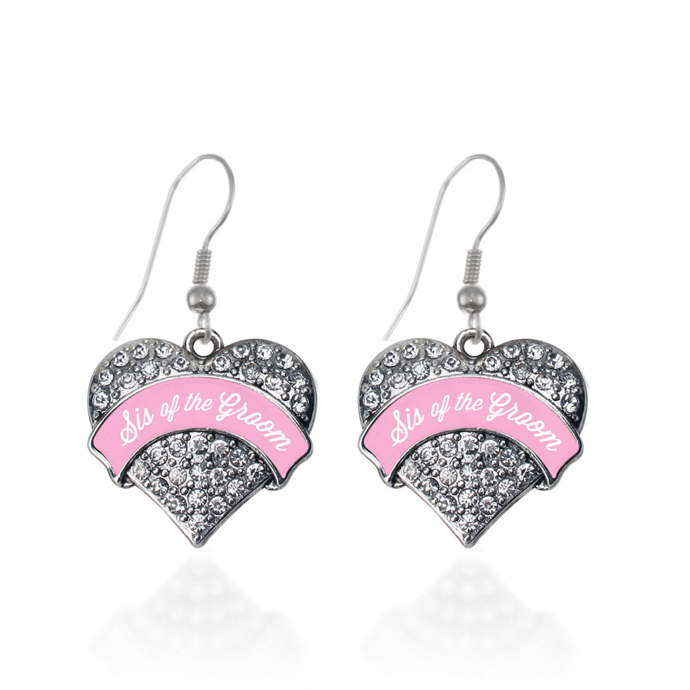 Silver Light Pink Sis of the Groom Pave Heart Charm Dangle Earrings