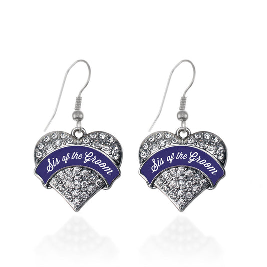 Silver Navy Blue Sis of the Groom Pave Heart Charm Dangle Earrings