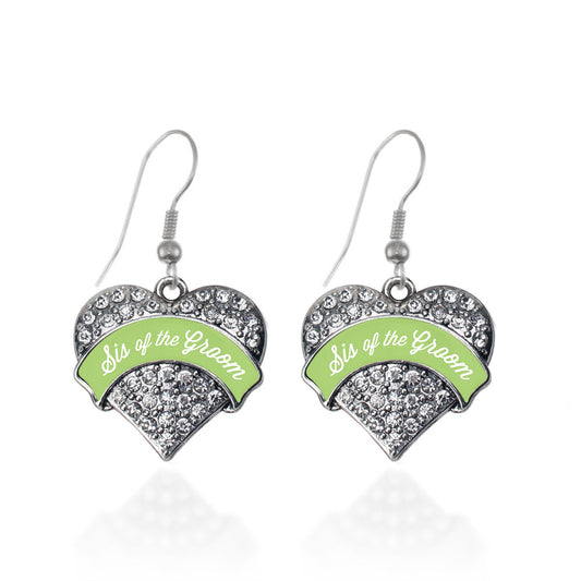 Silver Sage Green Sis of the Groom Pave Heart Charm Dangle Earrings