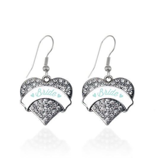 Silver Mint Bride Pave Heart Charm Dangle Earrings