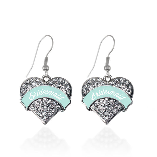 Silver Mint Bridesmaid Pave Heart Charm Dangle Earrings