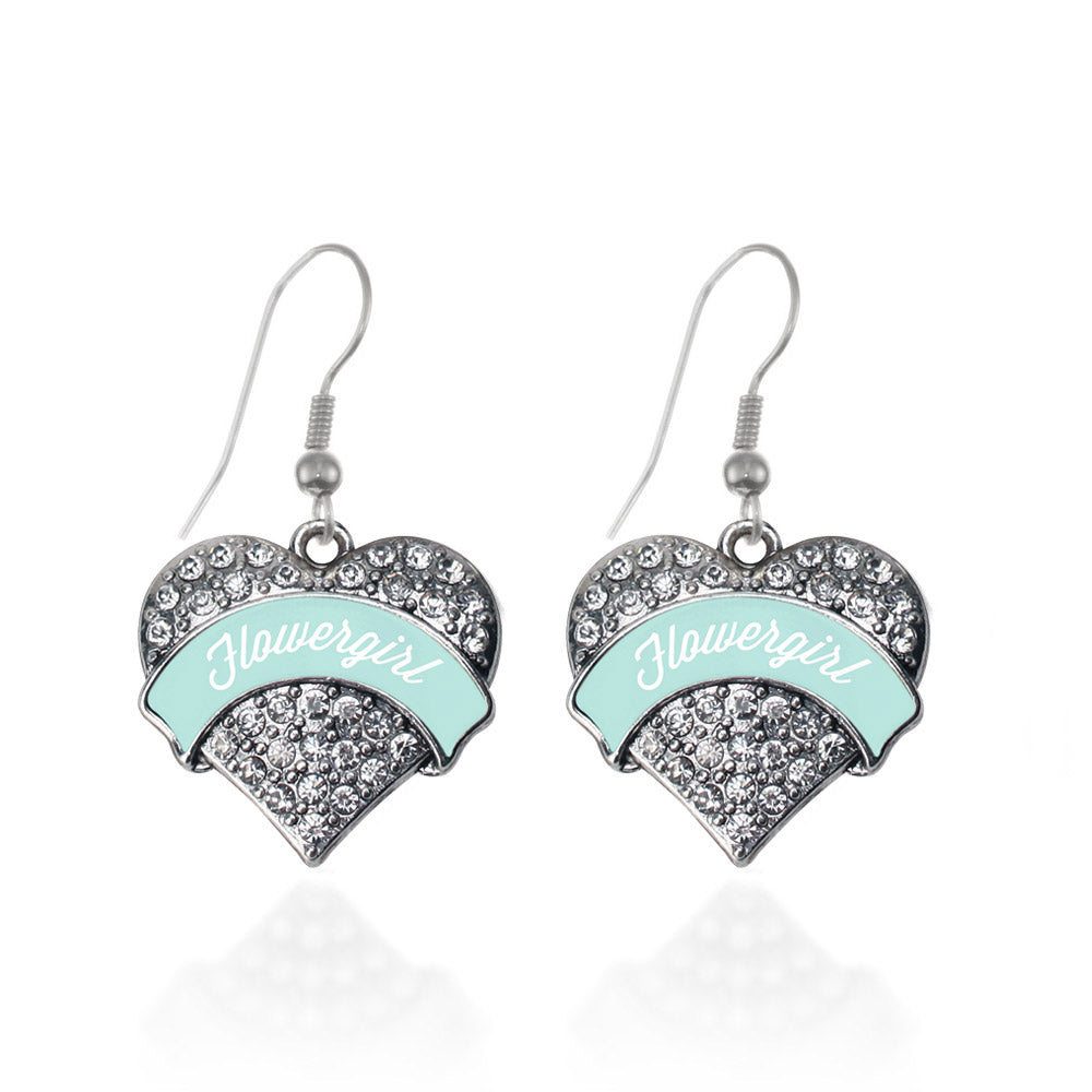 Silver Mint Flower Girl Pave Heart Charm Dangle Earrings