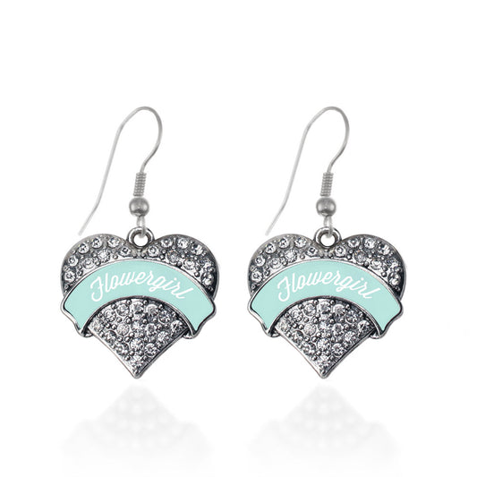 Silver Mint Flower Girl Pave Heart Charm Dangle Earrings
