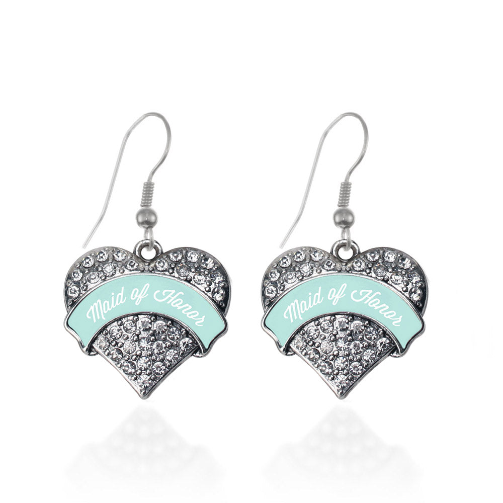 Silver Mint Maid of Honor Pave Heart Charm Dangle Earrings