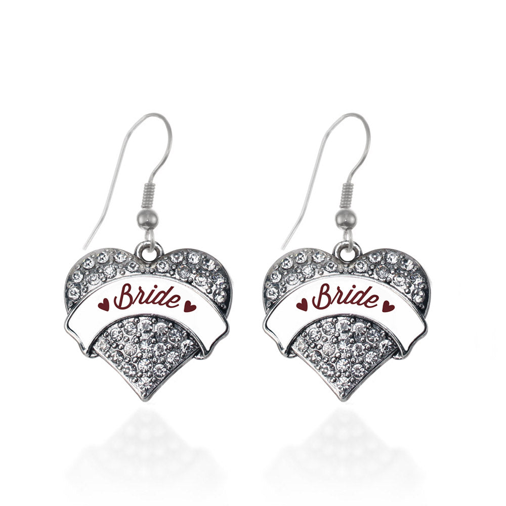 Silver Burgundy Bride Pave Heart Charm Dangle Earrings
