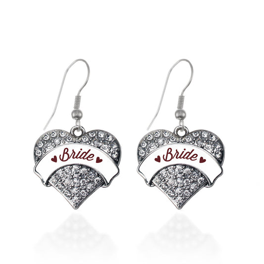 Silver Burgundy Bride Pave Heart Charm Dangle Earrings